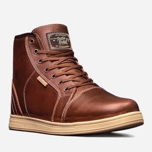 Brown and Tan High-Top Leather Boots with Lace-Up Design